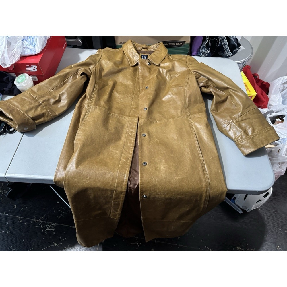 VTG Gap 2001 Genuine Leather Long Trench Coat Duster Jacket Tan Brown Women's XL